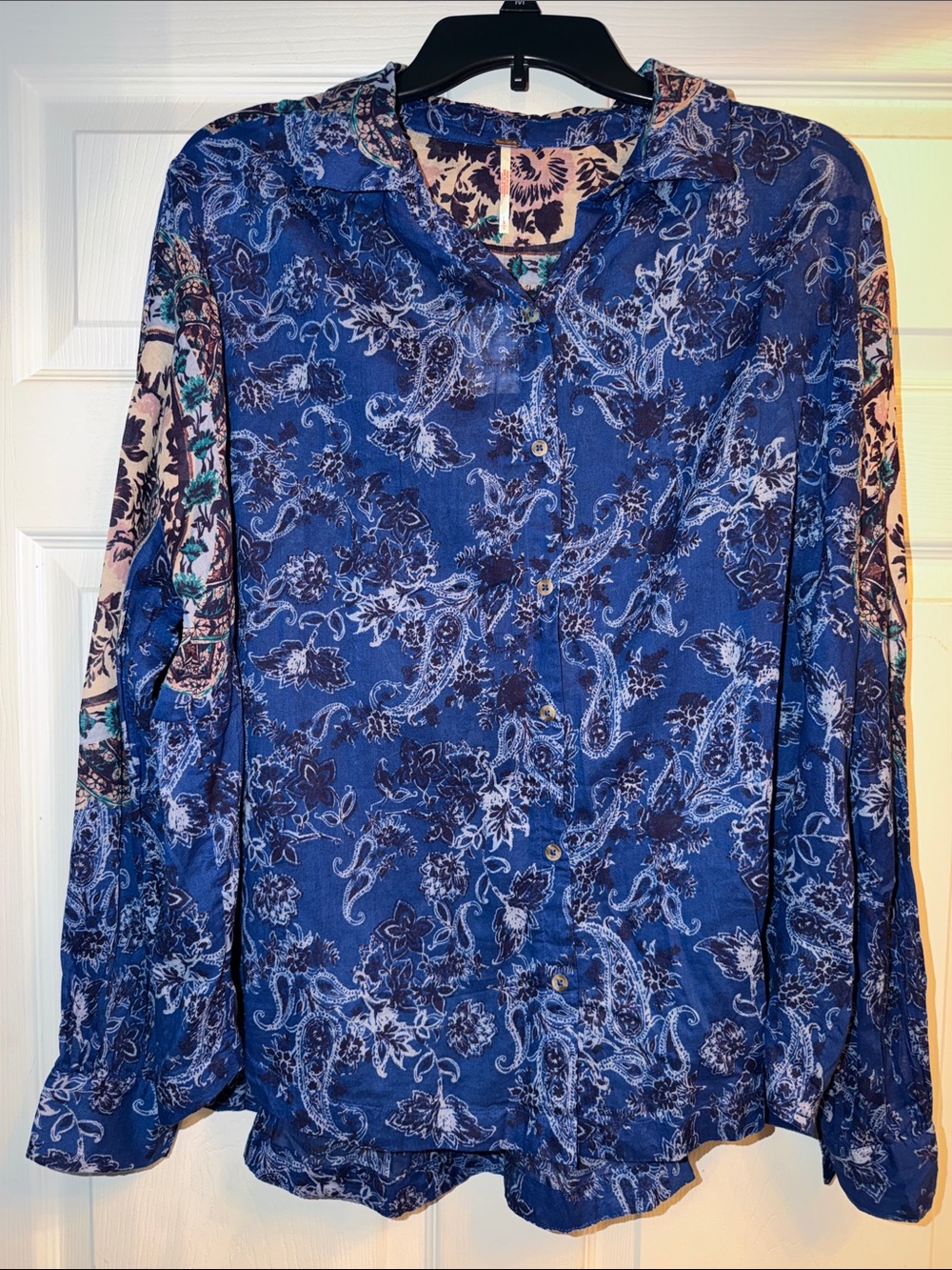 Free People - Women's Blue Paisley Button-Down Shirt - Relaxed Fit Cotton